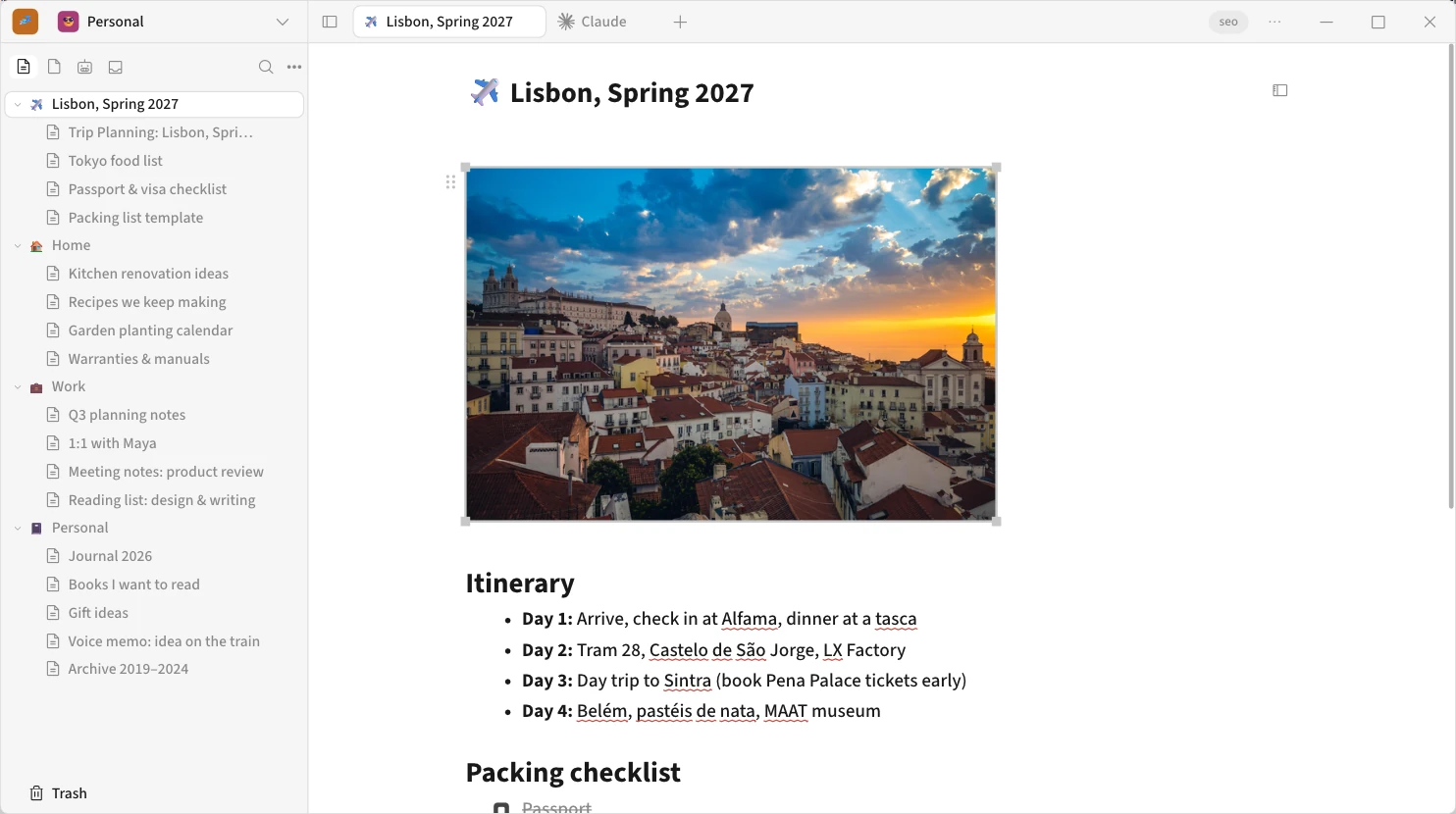 The Lisbon trip note in Koru on Windows